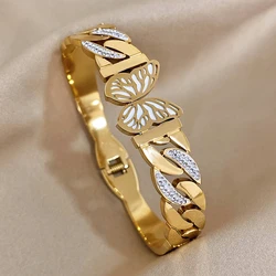 Charm Butterfly Stainless Steel Bangle Bracelet For Women Luxury Rhinestone Wide Golden Chain Bracelets Wedding Party Jewelry
