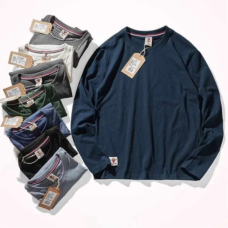 Autumn American Retro Long Sleeve O-neck Solid Color T-shirt Men's Fashion Simple 100% Cotton Washed Old Casual Bottoming Tops