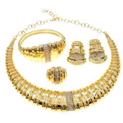 Women Gold Plated Jewelry Set Round Bone Shape Necklace Luxury Wedding and Banquet Jewelry Bracelet Earrings Ring 4PCS