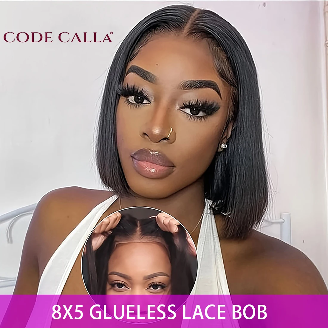 

Short Bob Glueless Wig Human Hair Pre Cut Lace Bone Straight 8x5 Glueless Wig Human Hair with Elastic Band for Beginners No Glue