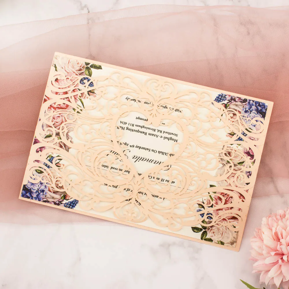 

50x Hollow Laser Cut Card Customized Pearl Gold Peach Wedding Invitation Cards Greeting Invite Cover Engagement Bridal Shower