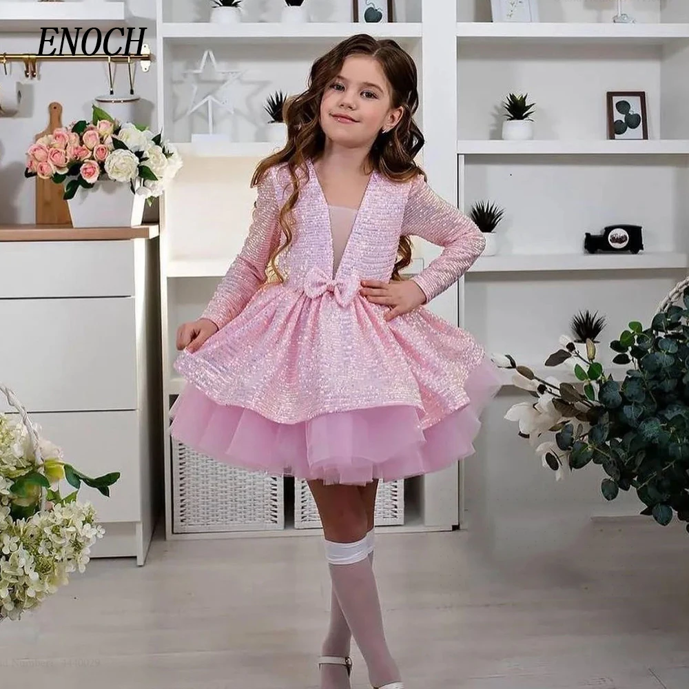 ENOCH New Pink Flower Girl abiti scollo a v maniche lunghe fiocco cerniera posteriore paillettes lunghezza al ginocchio abiti da festa di nozze muslimah