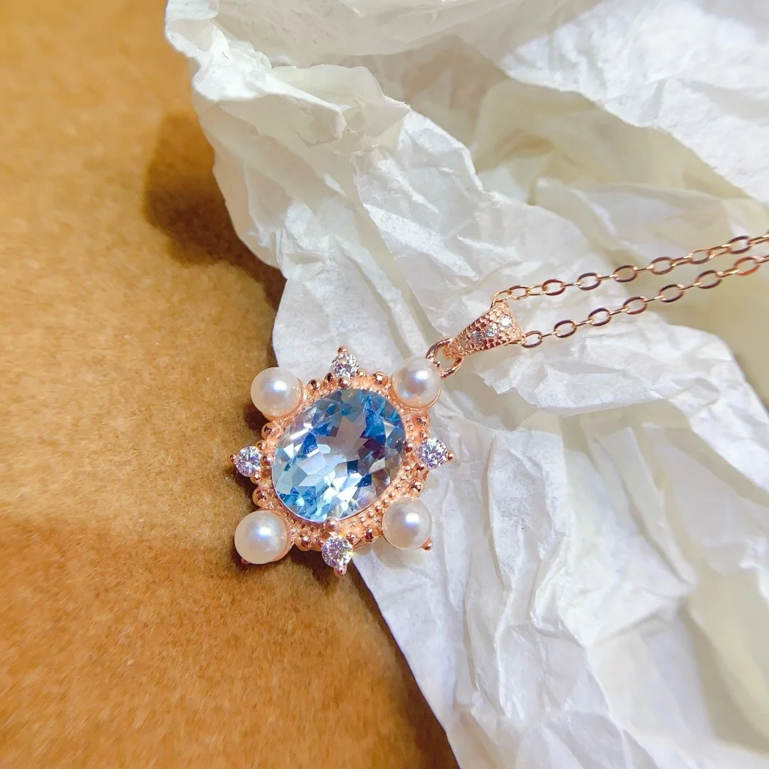 Boutique Jewelry Girl Blue Topaz Pendant Necklace 925 Pure Silver Plated Rose Gold Scarce Gift for Girlfriend's Wedding Birthday