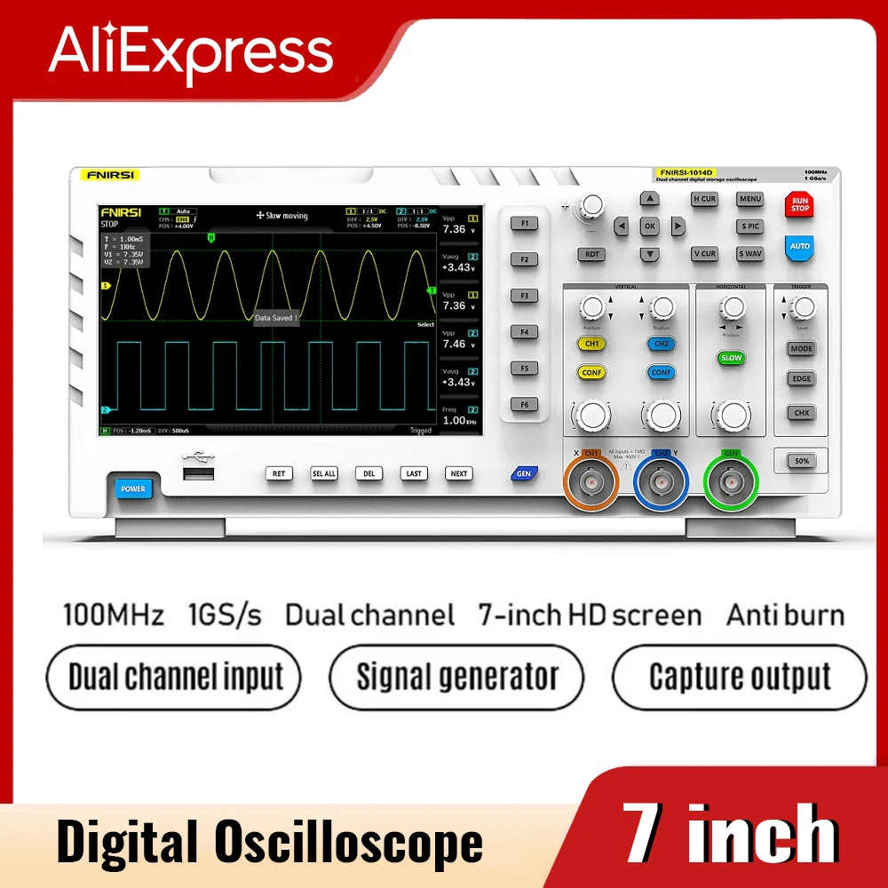 FNIRSI 1014D Digital Oscilloscope 2 In 1 Dual Channel Input Signal Generator 100MHz* 2 Ana-log Bandwidth 1GSa/s Sampling Rate