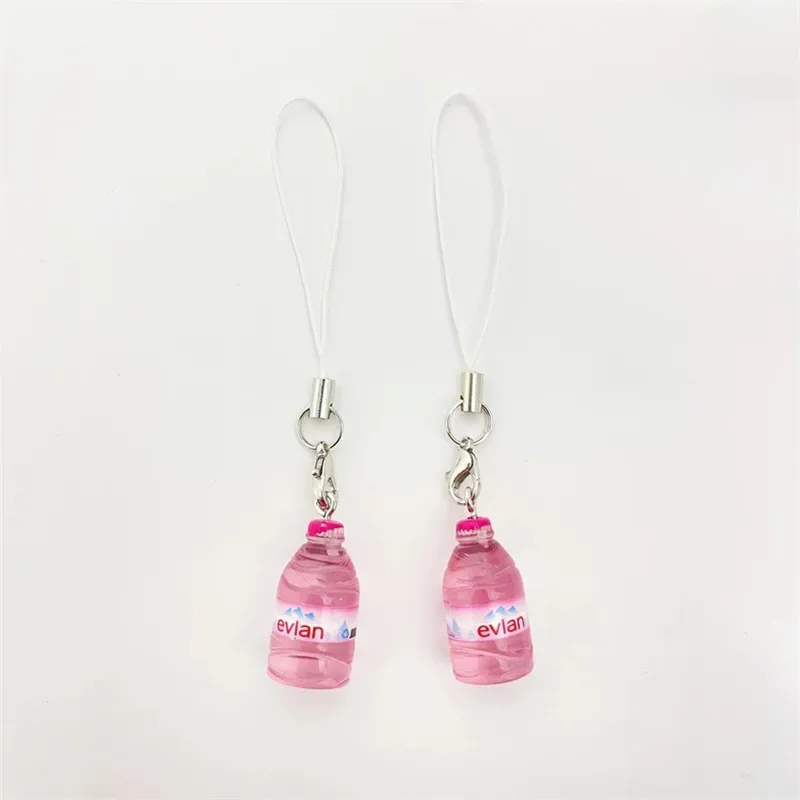 Cute Pink Water Bottle Evian Charm on White and Pink Mini Lanyard, Small mobile phone pendant, earphone charm, bag pendant