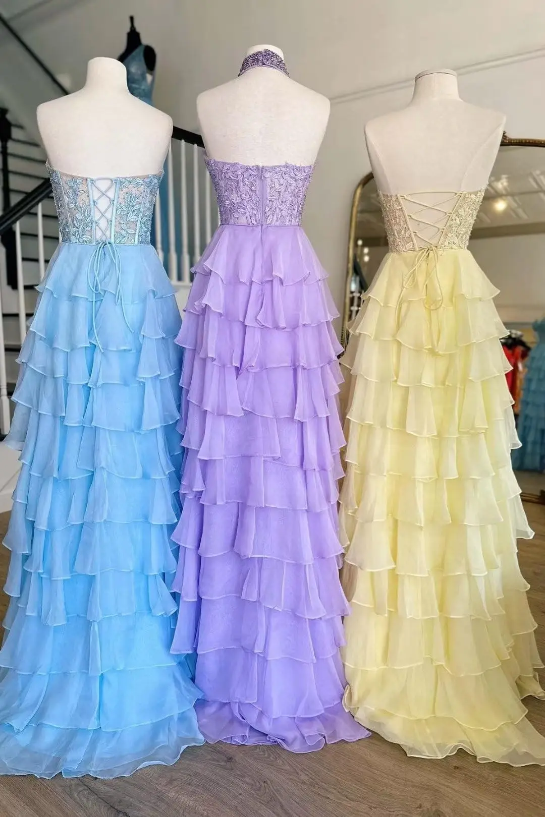 Sweetheart Ruffle Corset Prom Dress Long With Beaded Tiered Chiffon Long Formal Evening Dresses Gorgeous Open Back Party Gowns