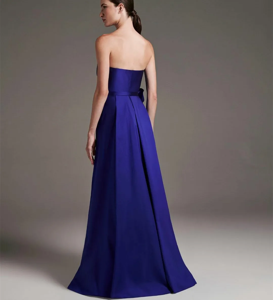 Customized Long Satin Strapless Blue Evening Dresses With Bow Sheath Sleeveless 이브닝 드레스 Watteau Train Celebrity Dress for Women