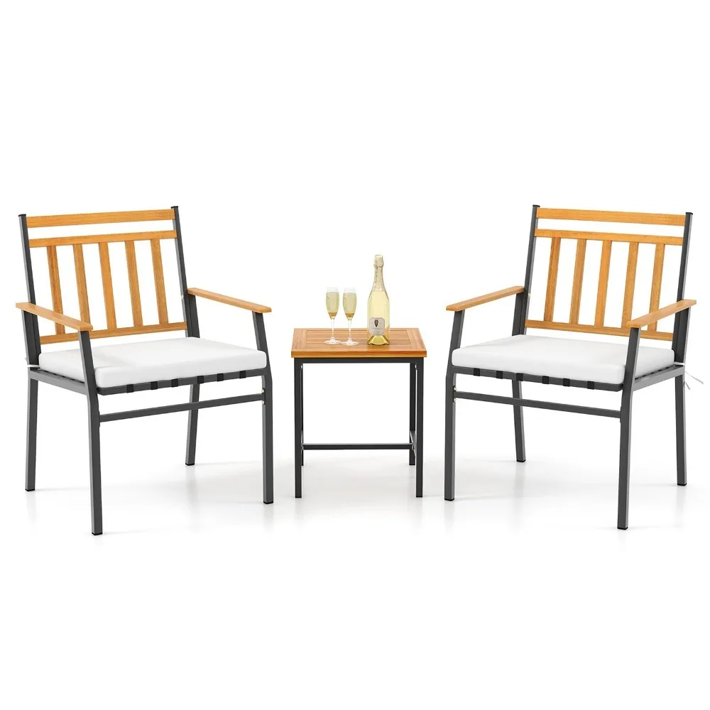 

3 PCS Acacia Wood Bistro Set Patio Conversation Set w/ Cushions and Coffee Table