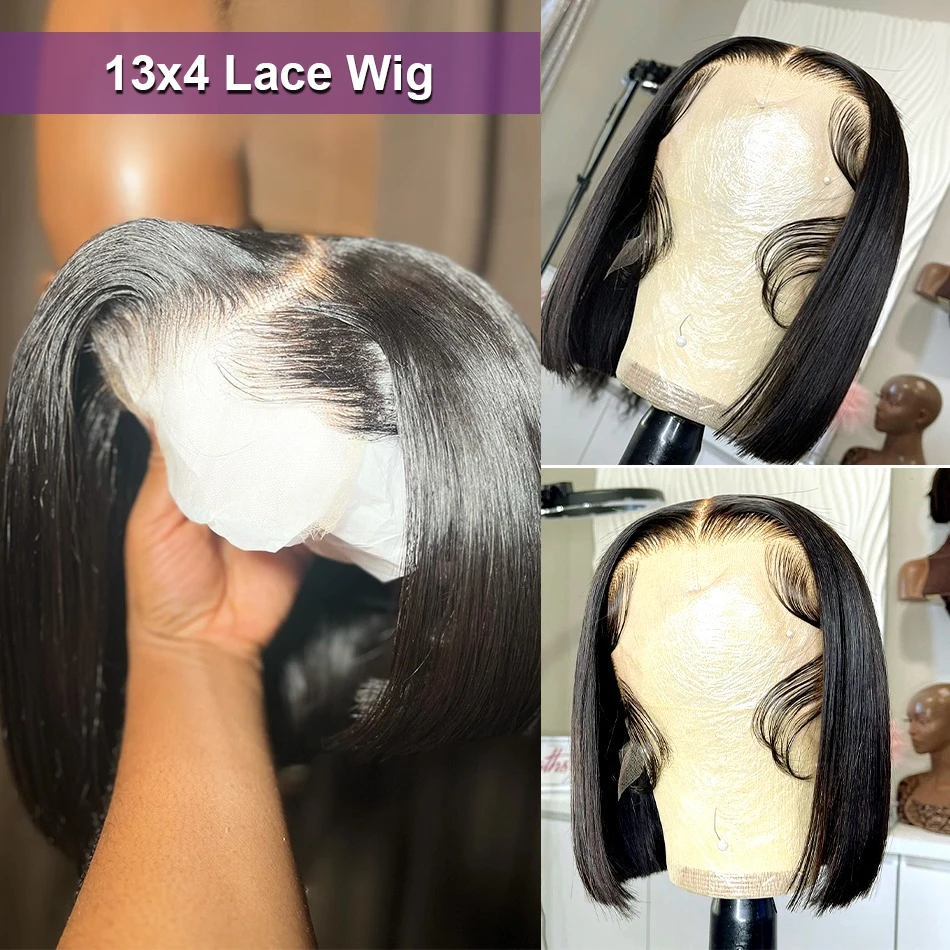 13x4 laço frontal reto bob perucas pré arrancadas 4x4 curto bob perucas 180% brasileiro remy osso em linha reta perucas de cabelo humano para mulher