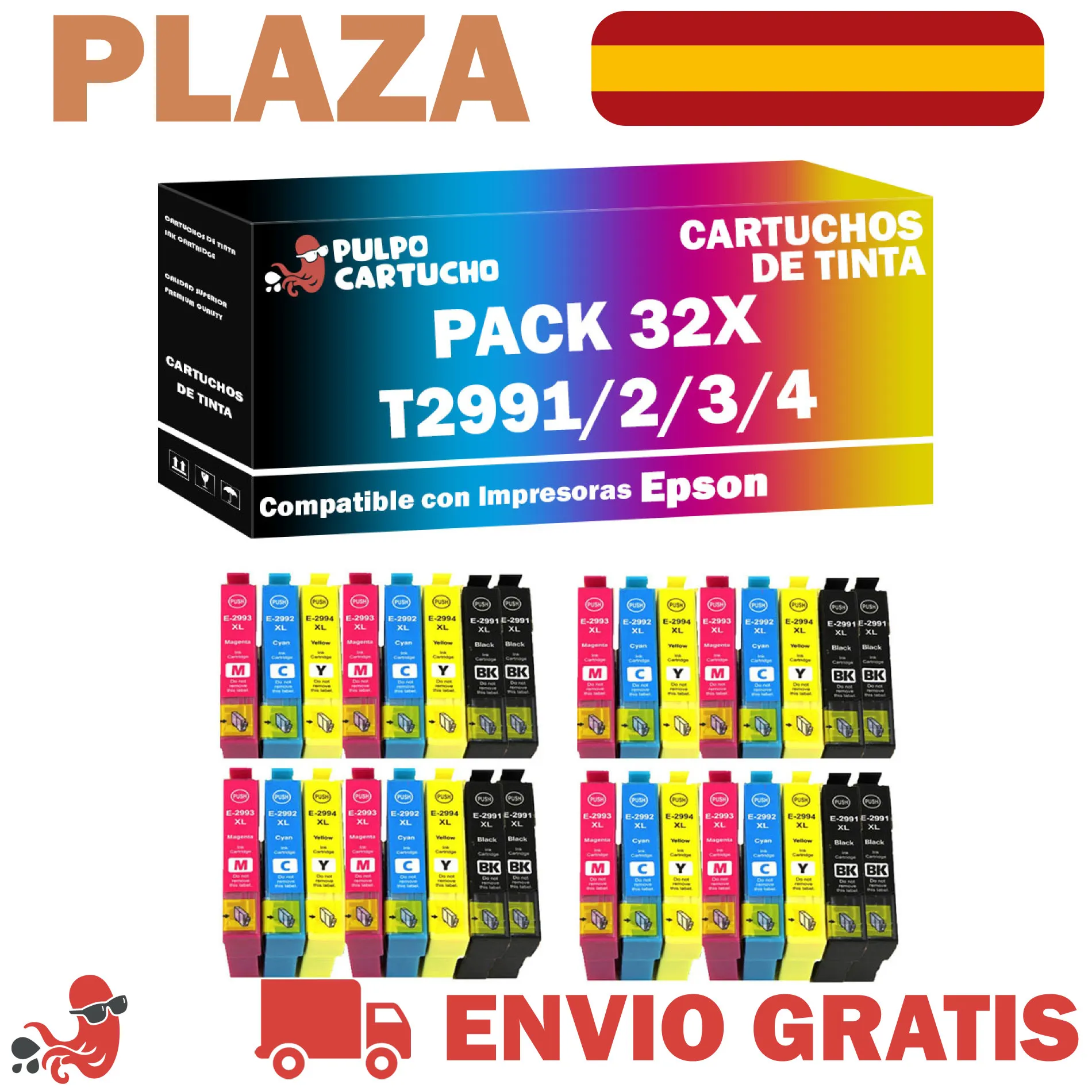 Pack 32 x Cartuchos de Tinta Genéricos T2991, T2992, T2993, T2994 Compatible con Epson 29 XL / 29XL - Cartucho Impresoras Expresion Home XP 235, 240, 245, 247, 250, 255, 257, 332, 335, 340, 342, 345, 350, 352, 355