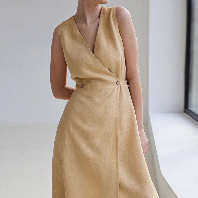 Femmes 100% coton Vintage robe Maxi 2025 été nouveau col en v bouton ceinture élastique fendu-joint élégant robe longue pour femme