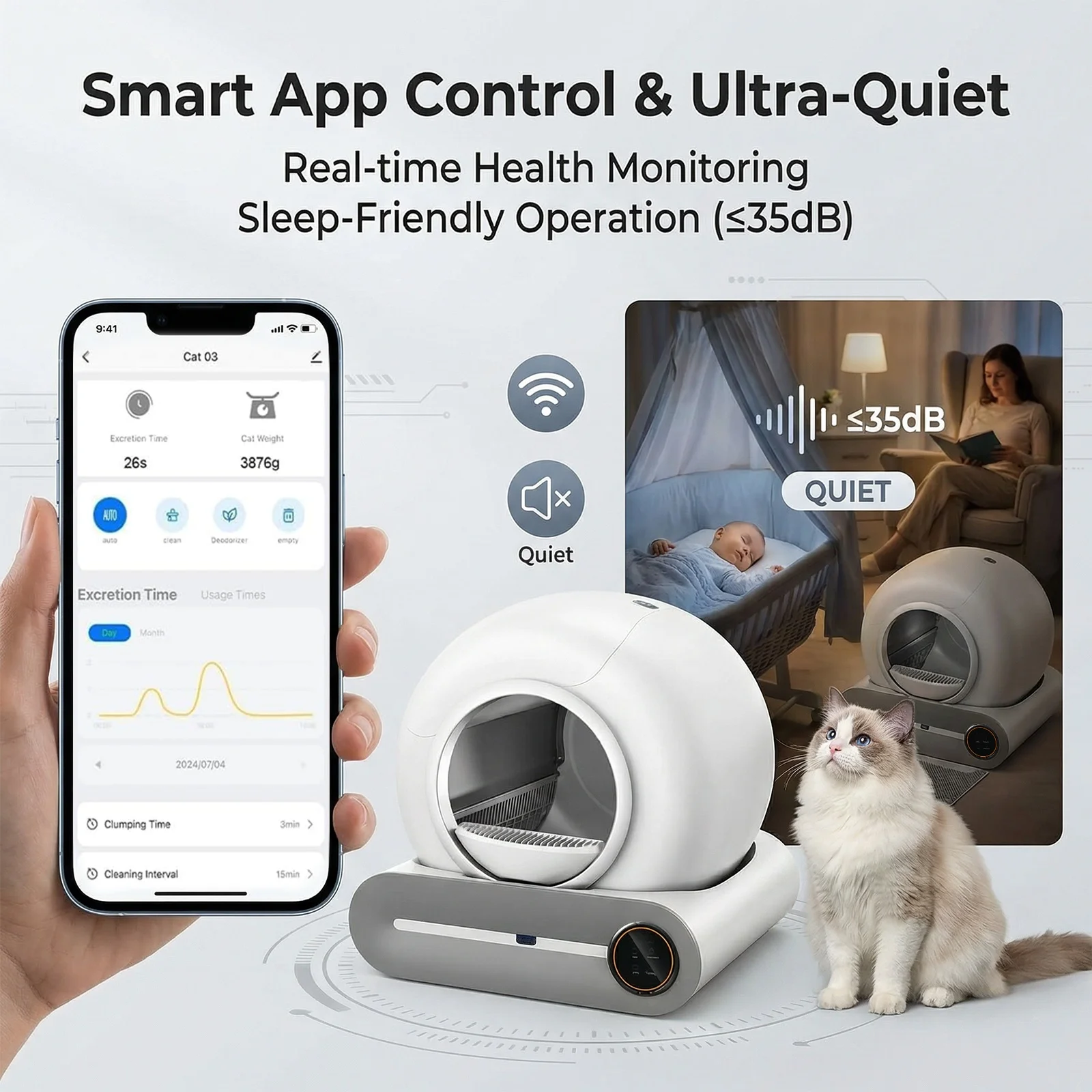 Intelligente Selbstreinigende Katzentoilette 65L Große Kapazität Automatische Katzentoilette WiFi Tuya APP-Steuerung Halbgeschlossene Sicherheits-Geruchskontrolle Katzentoilette mit Streumatte & 3 Rollen Müllbeuteln (Dieser Link bietet zwei Optionen) – Detail 4