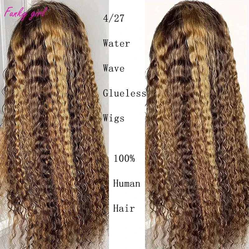 Glueless Wig Water Wave Lace Front Wig Human Hair Ombre Brown Highlight Honey Blonde Color 4/27 Wig 5x5 Transparent Lace Closure