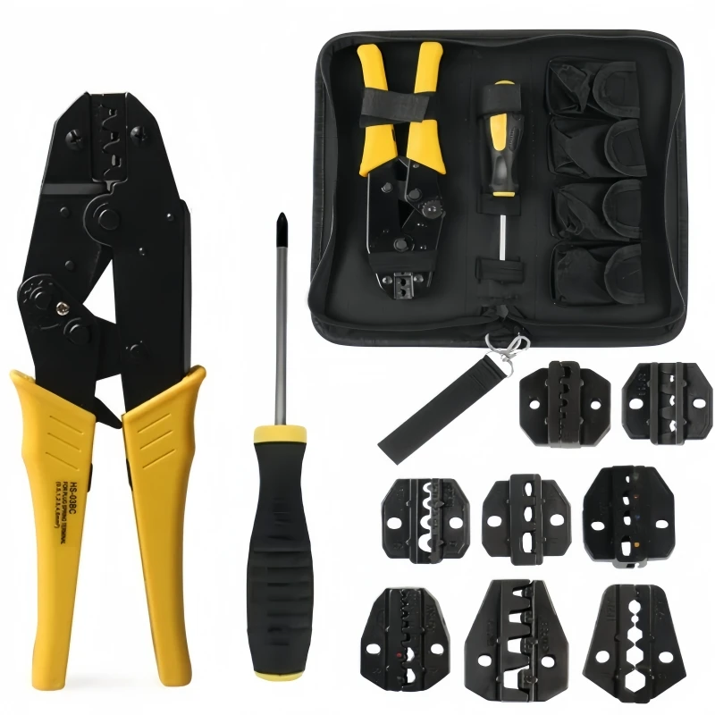 Multifunctional Crimping Pliers 8 Interchangeable Jaws Isolation Crimping Buffer, Coaxial Cable Terminal Kit