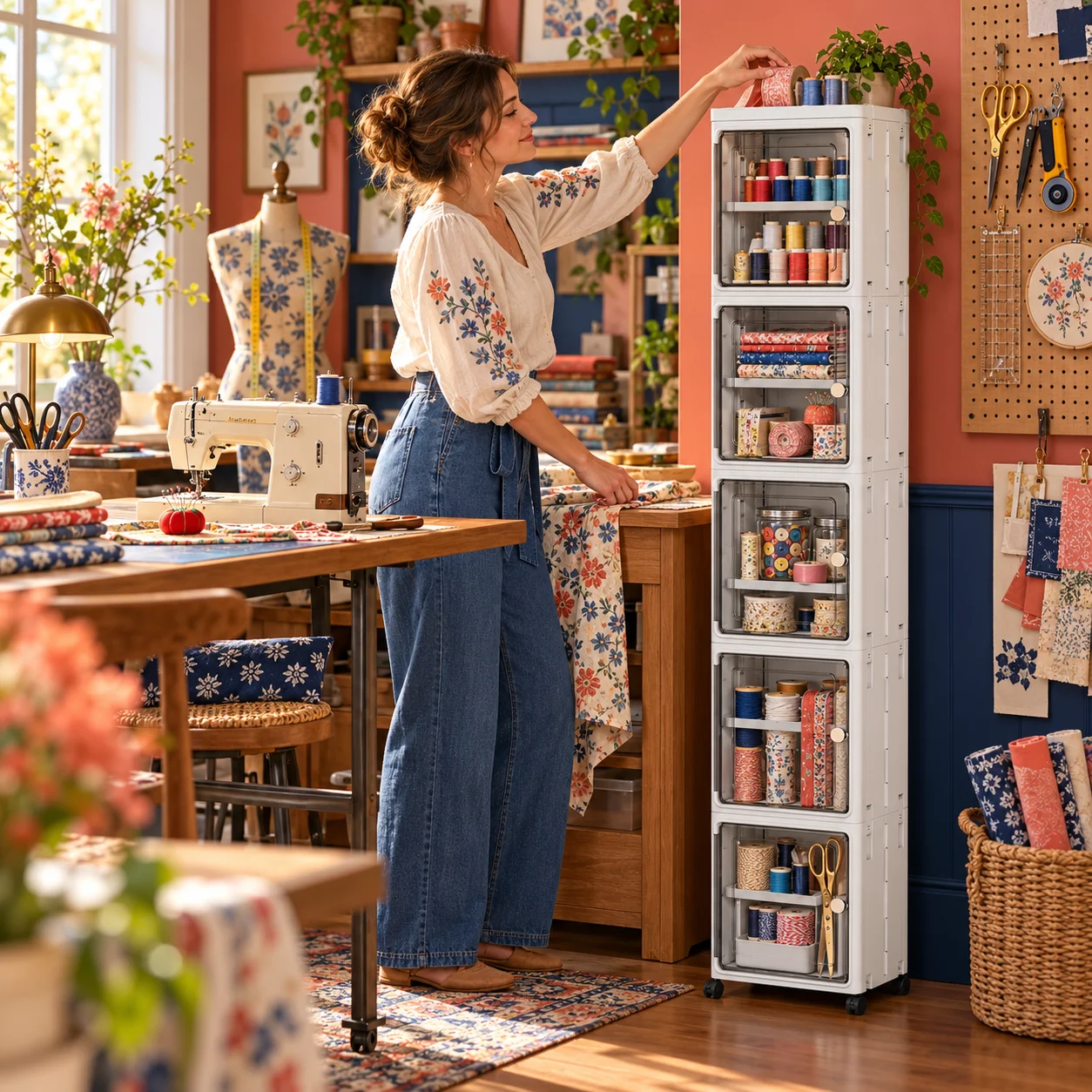 Slim Rolling Craft Storage Cabinet with Clear Doors, 2/3/4/5 Tier Narrow Sewing Supply Organizer with Removable Inner Shelves for Fabric, Thread and Small Spaces