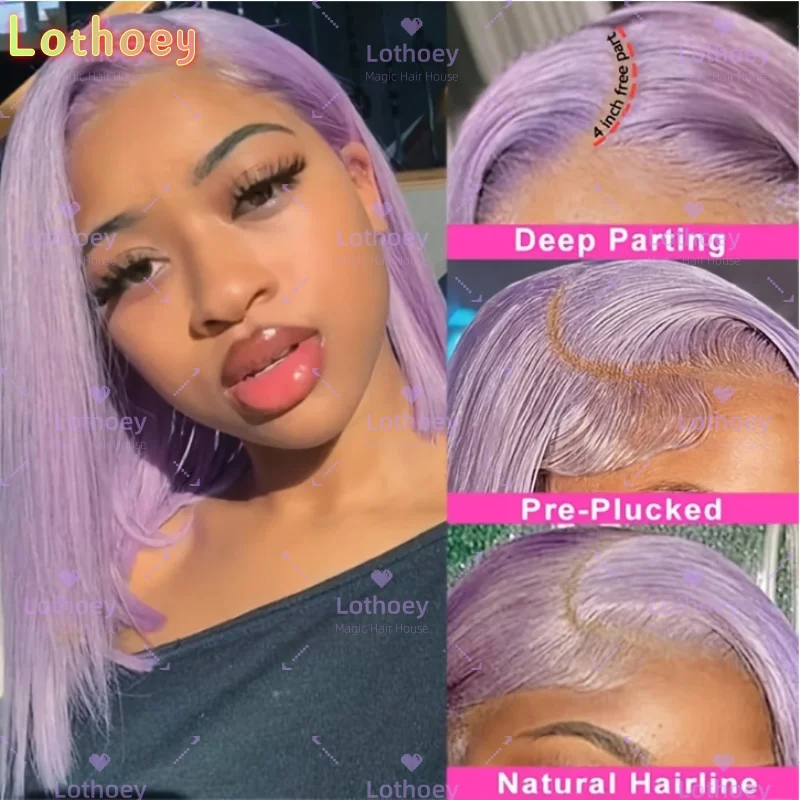 Light Purple 13x4  Transparent Lace Front Wig Brazilian Remy Human Hair - Glueless Pre-Plucked with Baby Hair,Straight Bob Wig