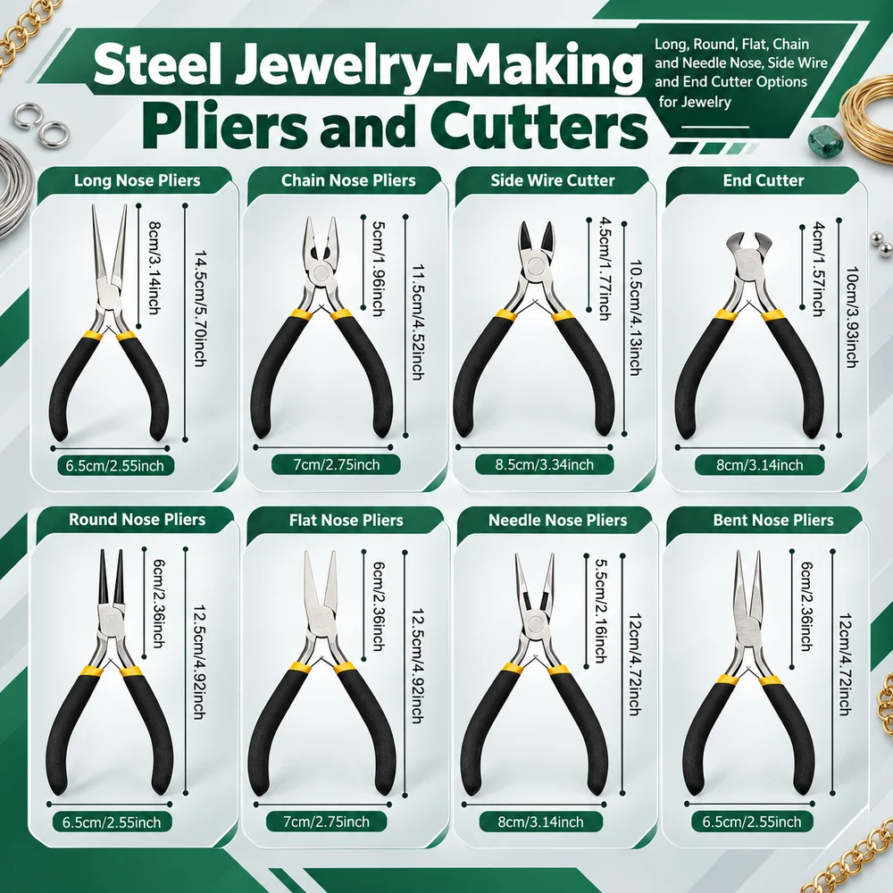 Steel Jewelry-Making Pliers and Cutters: Long, Round, Flat, Chain and Needle Nose, Side Wire and End Cutter Options for Jewelry