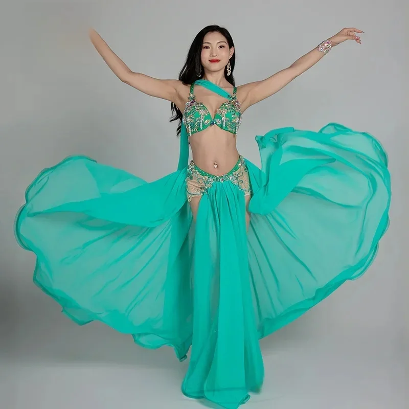 Bauchtanz-Set für Damen, exquisiter Perlen-BH + Chiffon-Langrock, 2-teilig, Mädchen, orientalischer Tanz, professionelles Performance-Kostüm
