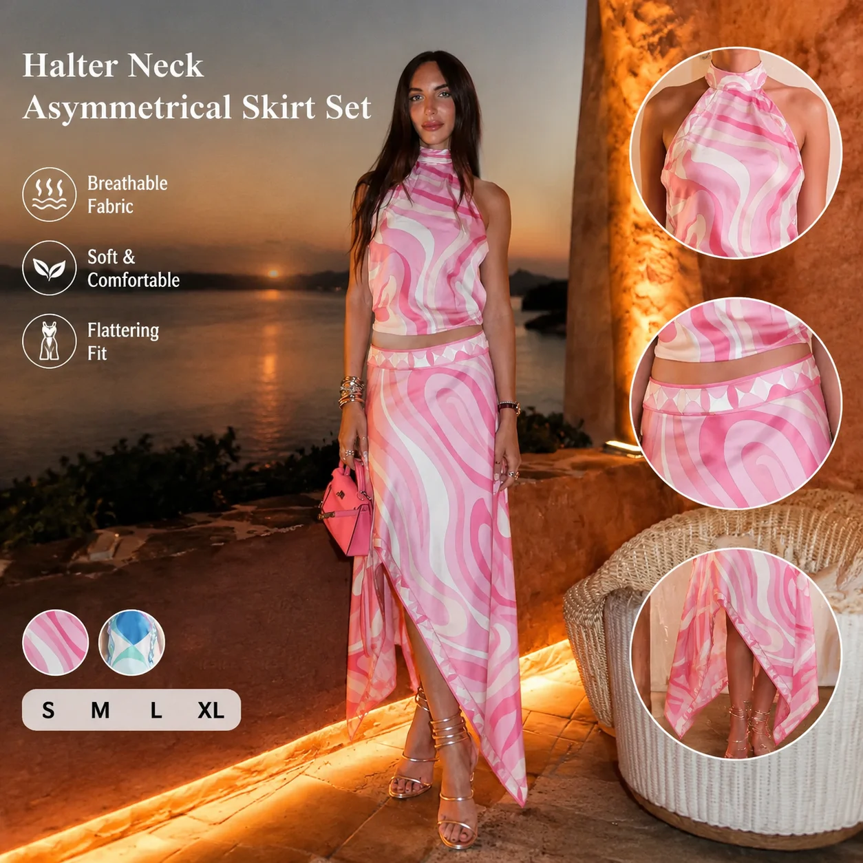 2025 nouvel Été Sexy positionnement imprimé Satin haut dos nu jupe irrégulière deux pièces Ensemble Ensemble Femme 2 Pièces Été