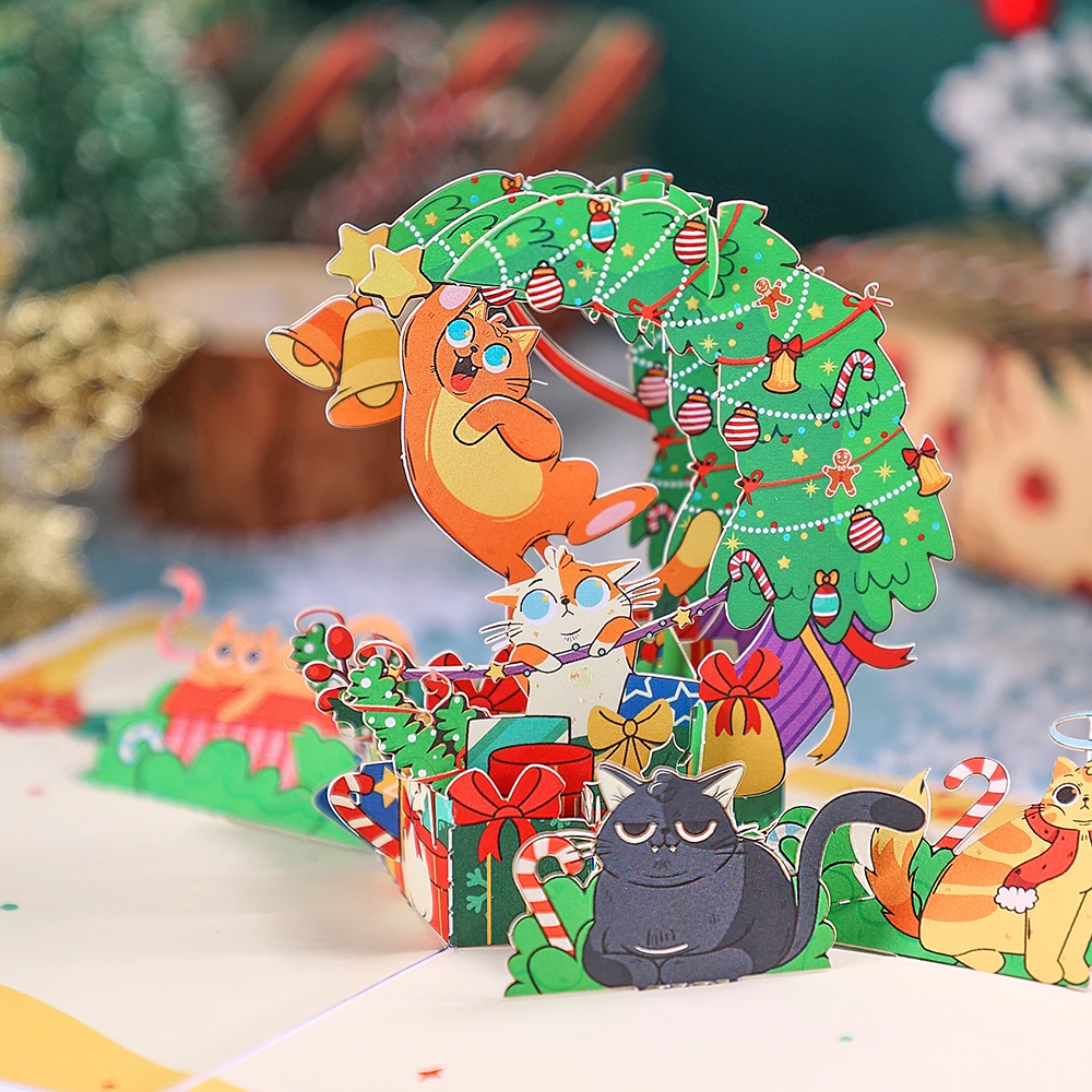 Christmas Greeting Card Crescent Shape Xmas Tree Gifts Cute Nauty Cat Greeting Cards Creative Party Invitation With Envelope