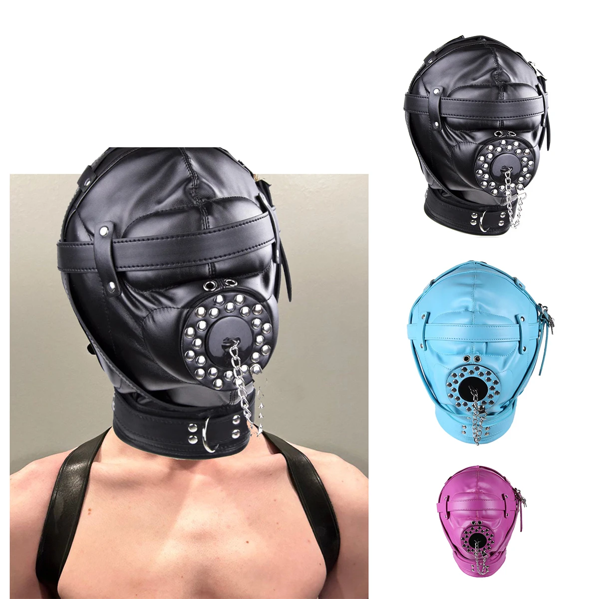 

Black Fetish BDSM Cosplay Leather Full Face Mask Hood Punk Style Patent Leather Mask Women Men Party Mystery Mask