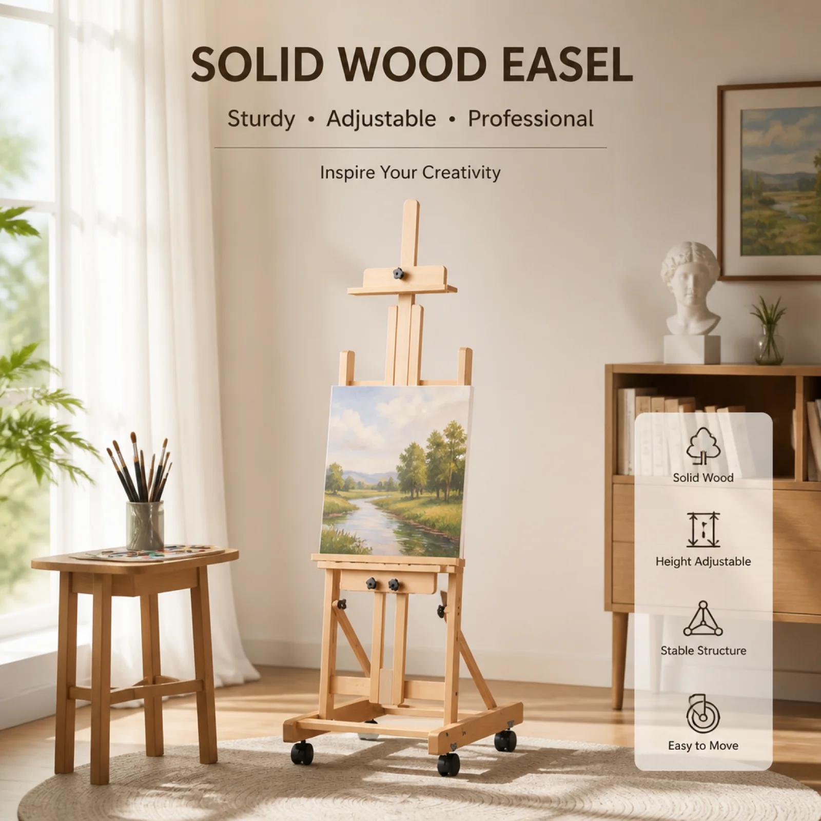 Rolling Wood Easel Caster Wheels Rolling Easel Art Supply Wheeled Studio Furniture Fits Large Canvas for Display Area