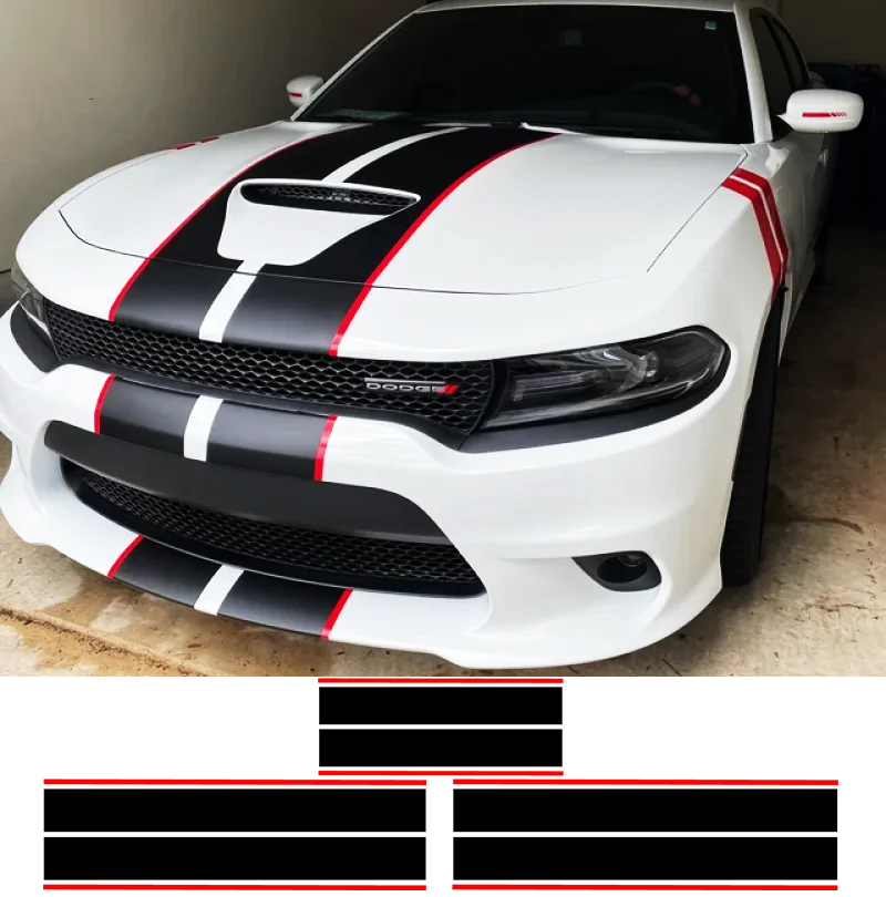 

1 Set of Vinyl Die-Cut Decals on Hood, Roof Real Trunk,Rally Waterproof Stripe Stickers for Ford Mustang,Dodge Challenger