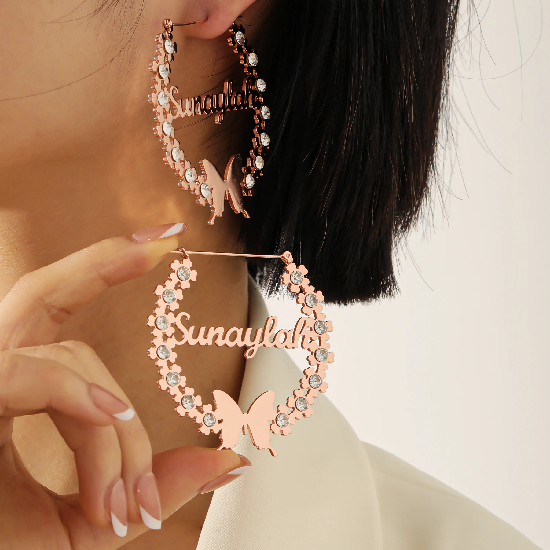 Zciti Personalized Custom Name Earrings for Women Customized Name Wreath Butterfly Stainless Steel Earrings Gift for Women
