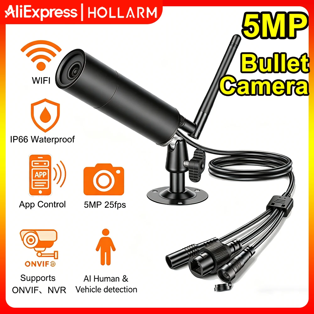

Hollarm Mini Wifi Bullet IP Camera 5MP POE Camera Support Onvif AI Face /Car Detection Security Surveillance P2P Video Recorder