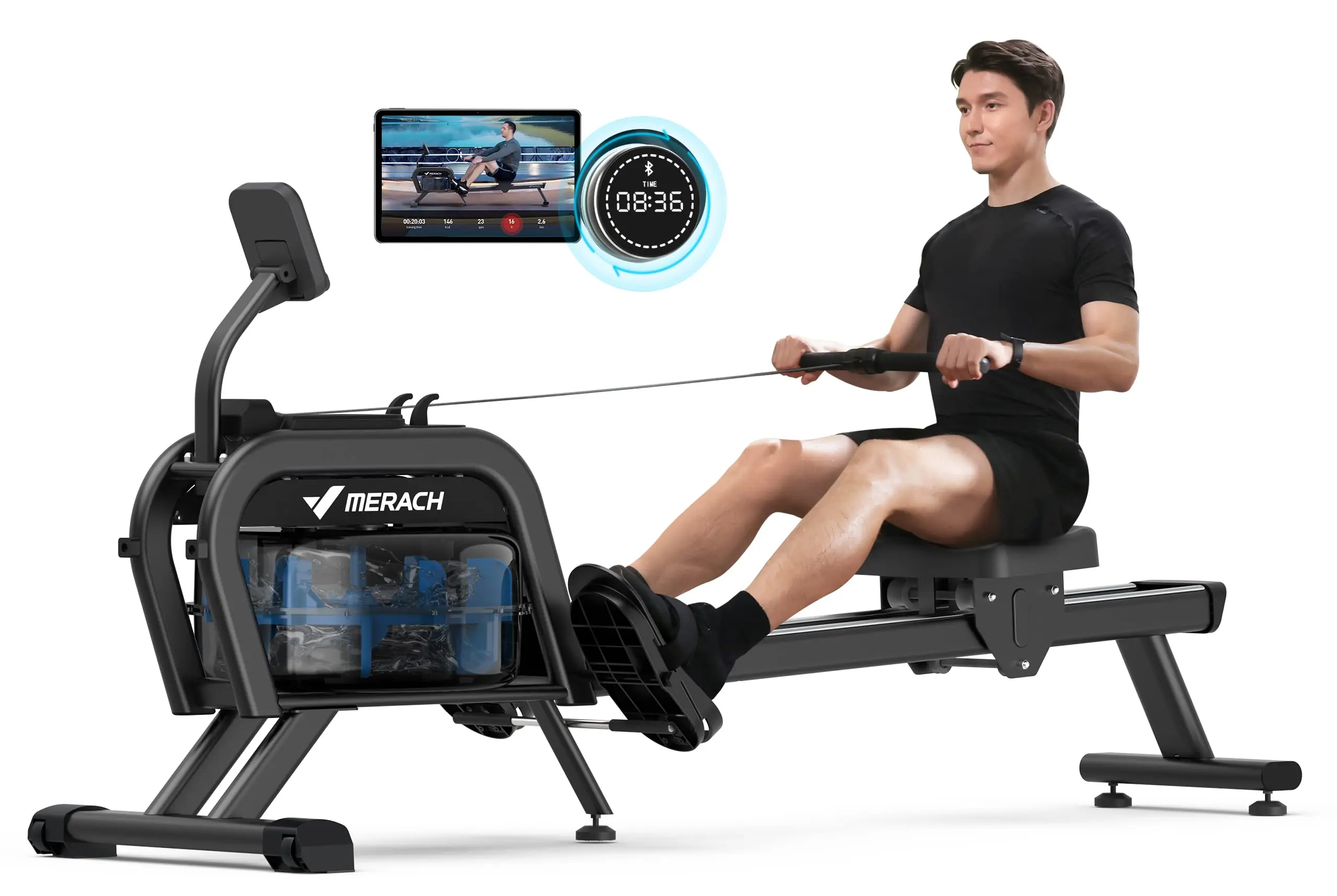 MERACH Bluetooth Magnetic Rower Machine with Dual Slide Rail 16 Levels of Electromagnetic Resistance Max 350lb Weight Capacity