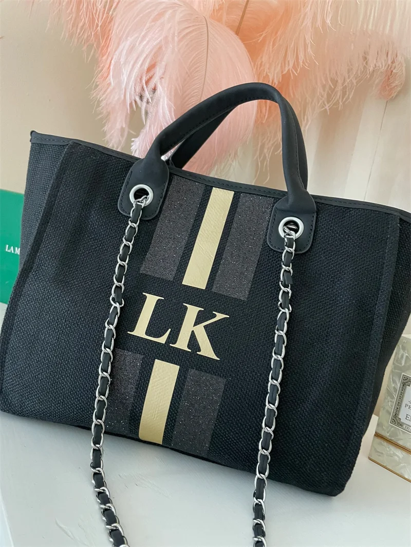 

Monogram Tote Bag Canvas Customised Black Chain Handbag Personalised Gold Stripe Initials Beach Holiday