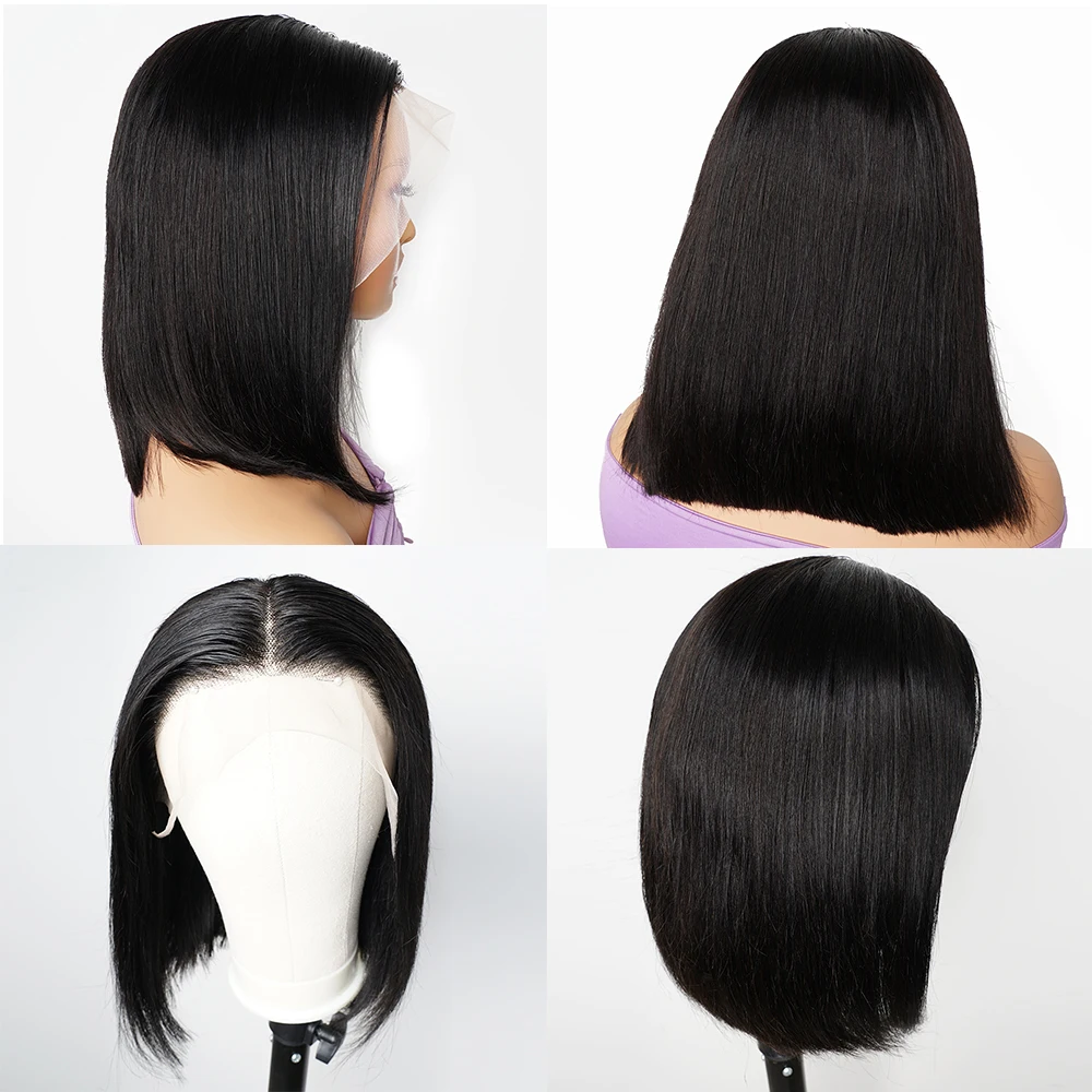 Lace Frontal Straight Short Bob Peruca para Mulheres, Perucas de Cabelo Humano, Remy Brasileiro, Cabelo Virgem, Natural Preto, Densidade 150, 4x4,