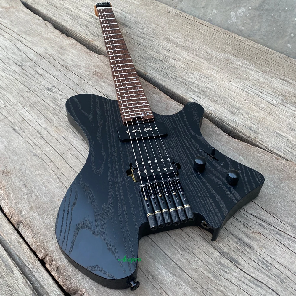 Acepro Upgraded Satin Black Headless Electric Guitar, P90+Humbucker, Roasted Maple Neck, Jumbo Stainless Steel Frets