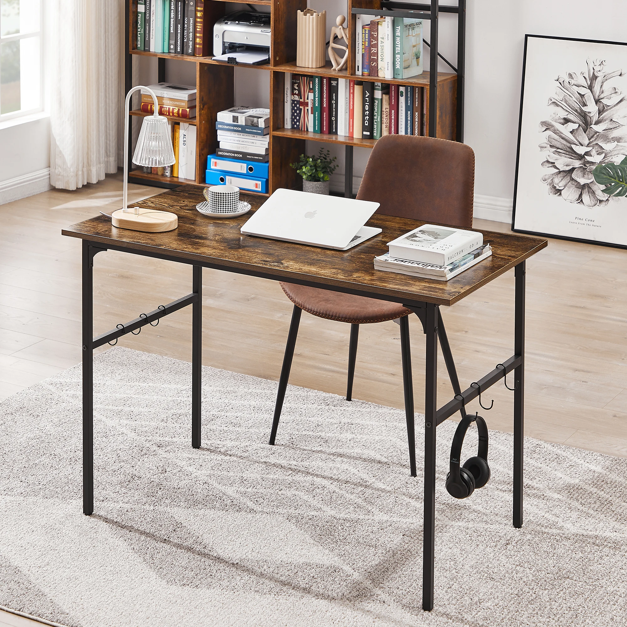 VECELO Computer Writing Desk with 4 Hooks Multi-Purpose Writing Desk