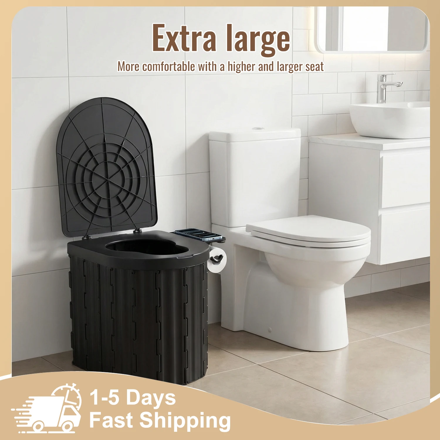 Toilette de voyage pliable pour voiture avec couvercle, commode portable en ABS pour le camping, design peu encombrant pour une utilisation en extérieur et à la maison