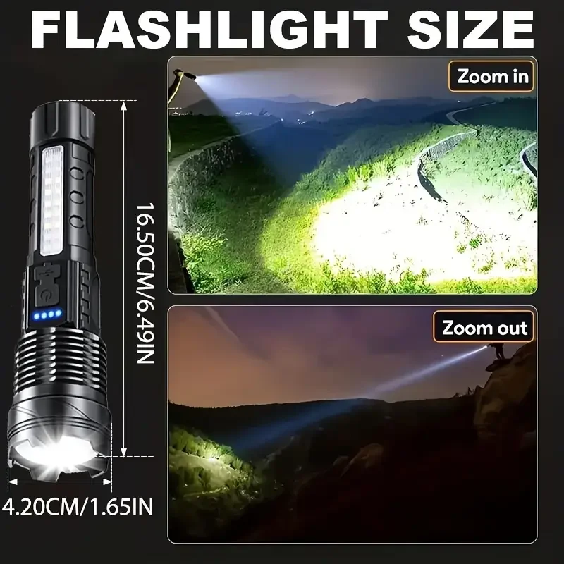 High lumen LED flashlight, portable multifunctional flashlight, powerful adjustable portable lamp, built-in USB charging.
