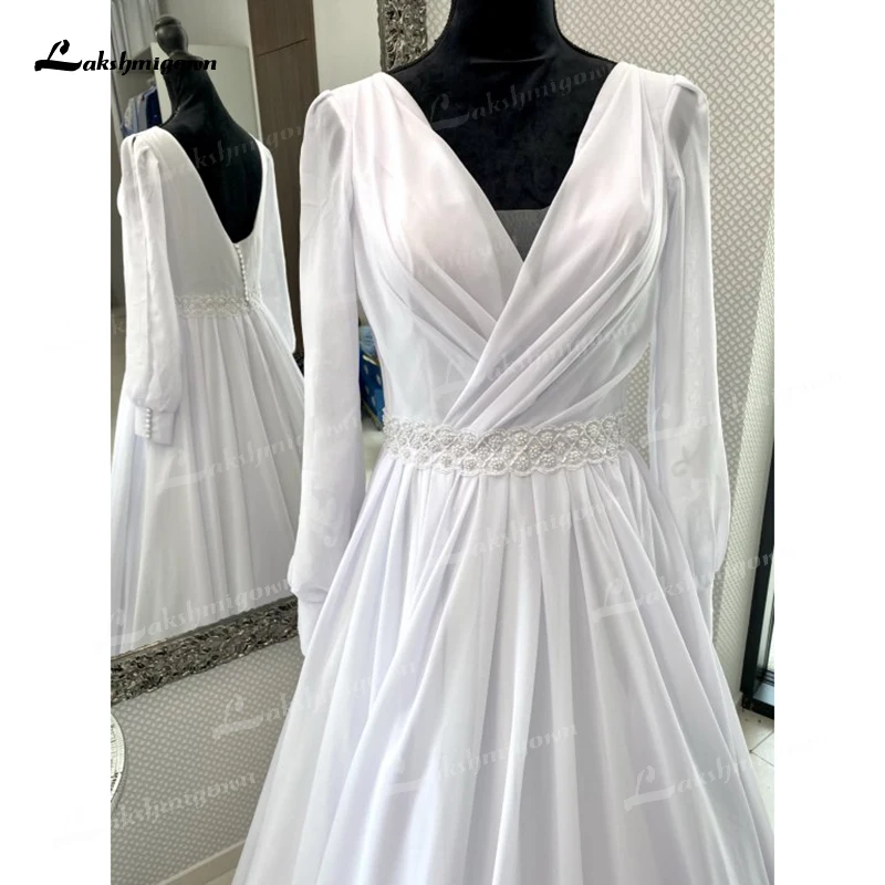 Boho simples decote em v lanterna manga sem costas botão cinto beading a linha vestidos de casamento chiffon vestidos de noiva varrer robe de mariée