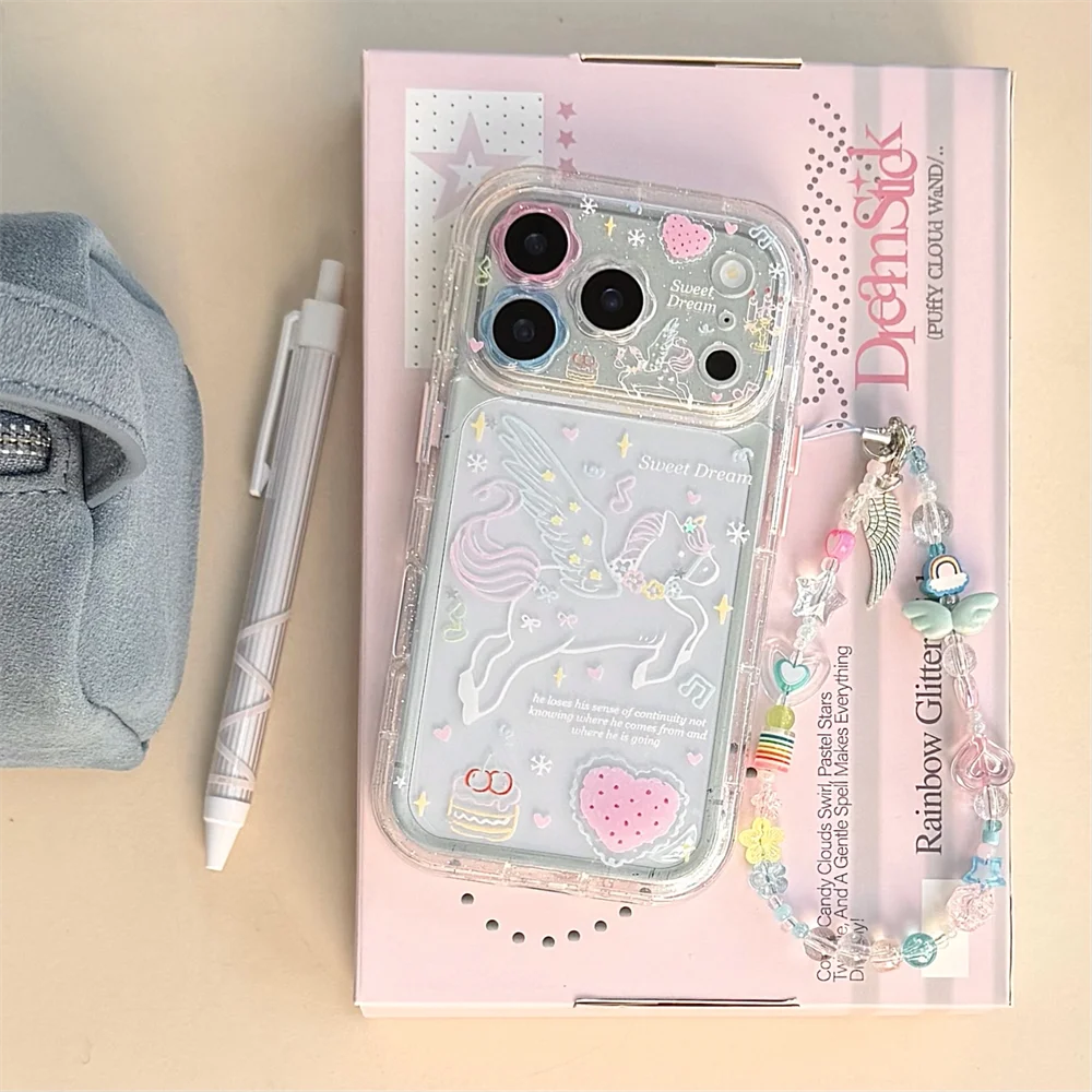 

New Cute White Flower Dropping Glue Line Flying Pegasus Hanging Rope Suitable for iPhone 17 Pro Max14/15/16 13 Pro Max Full Pack