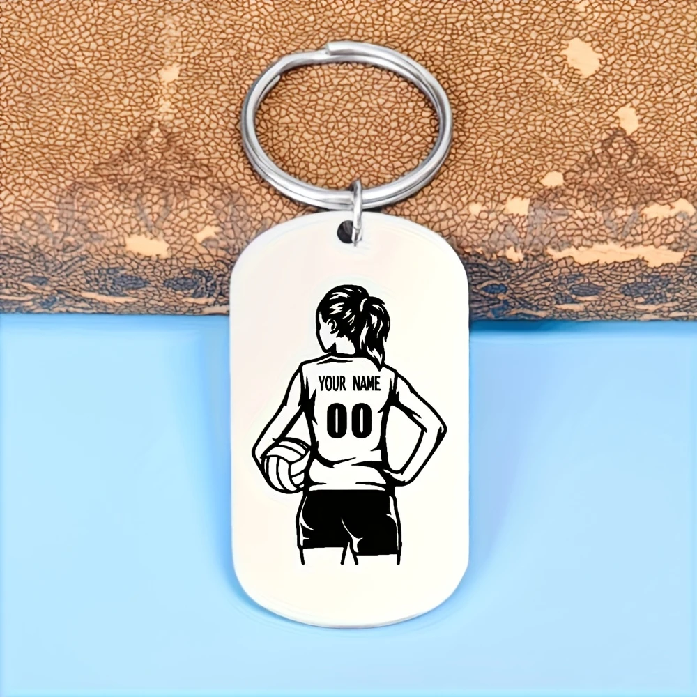 Custom Engraved Volleyball Stainless Steel Keychain Personalized Name Number Cartoon Sport Graduation Backpack Gift
