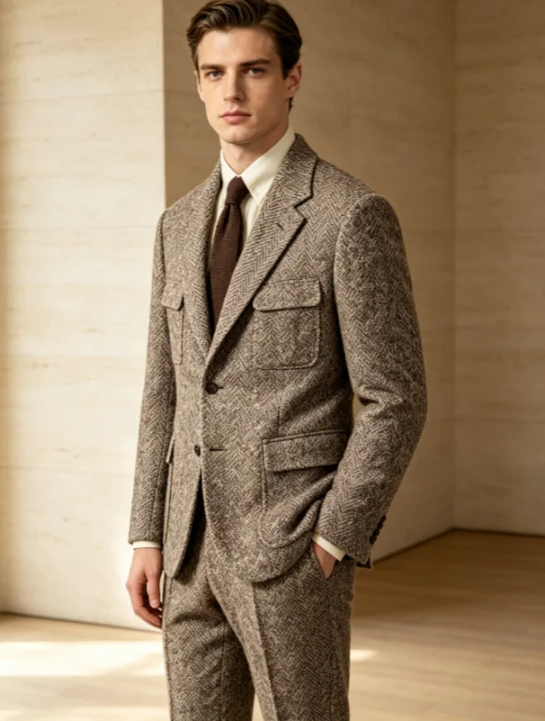 Men's Herringbone Tweed Safari Suit 2 Pieces Set, Single Breasted Multi‑Pocket Blazer Jacket & Trousers, Autumn Winter Business