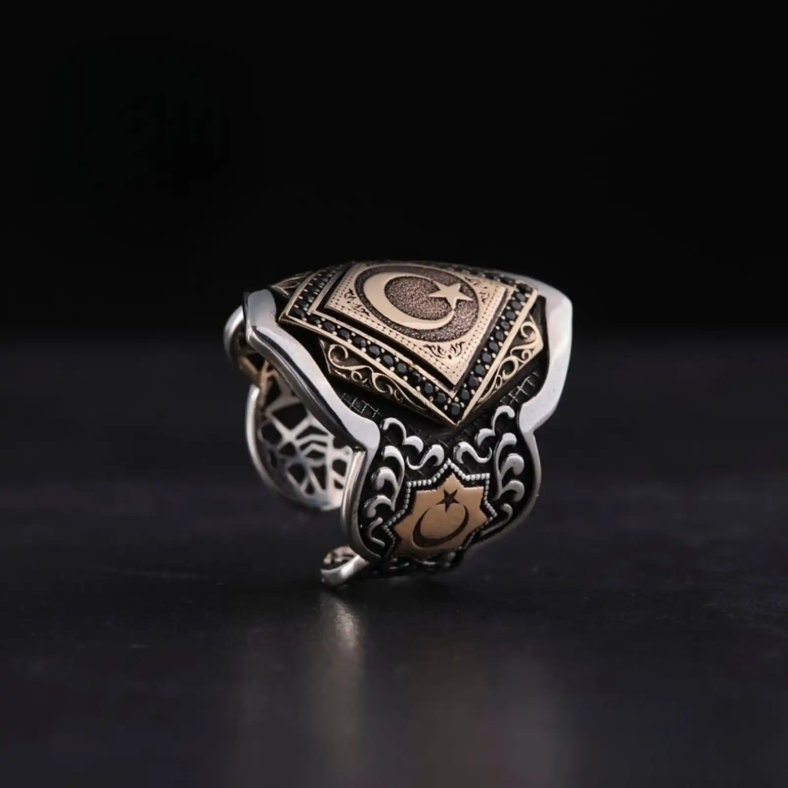 925 Silver Black Zircon Zihgir Ring - Moon & Star Design - Custom Name & Letter - Authentic Turkish Art