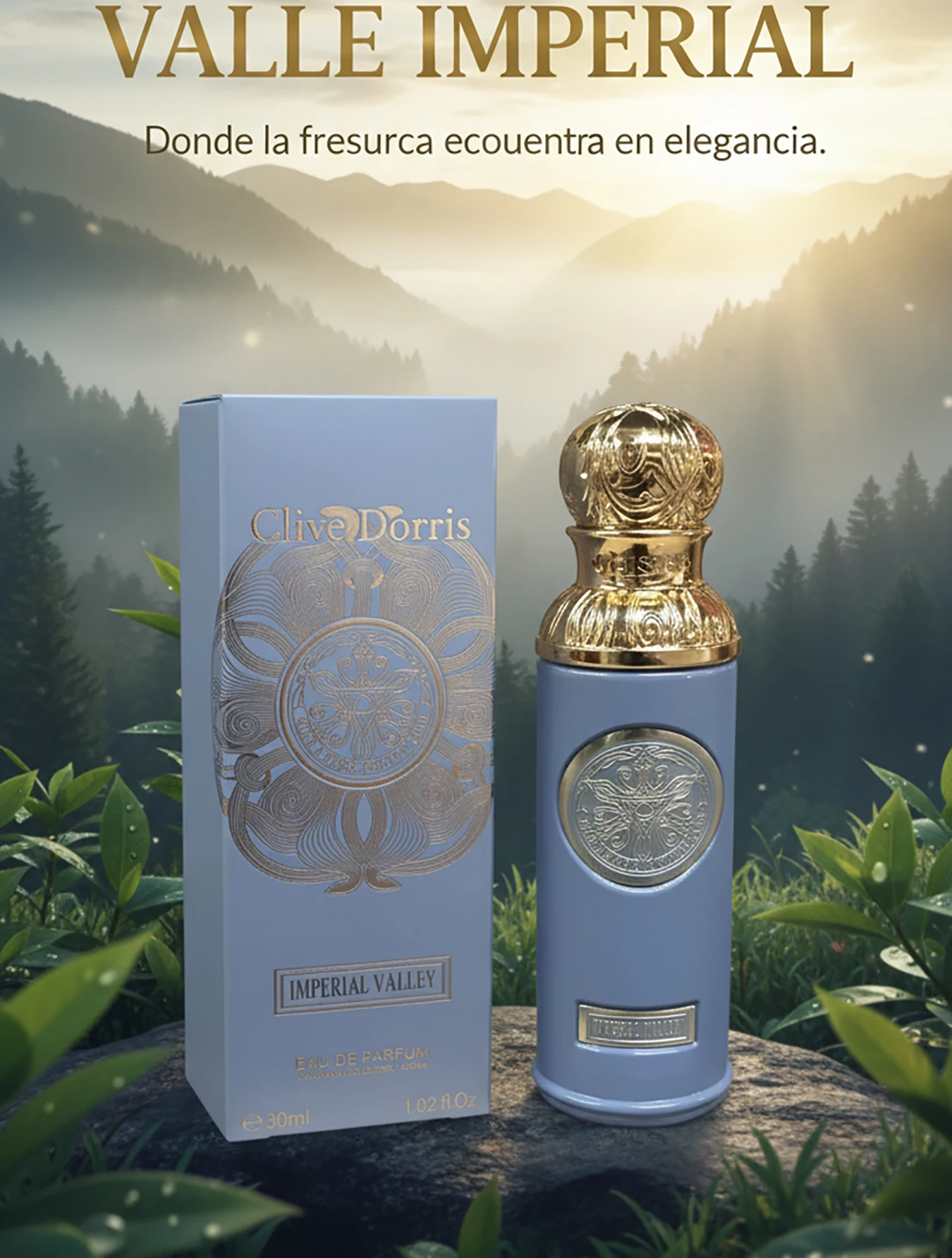 CLIVE DORRIS Imperial Valley Eau de Parfum 30 ml Aroma Oriental Gourmet con Frutas, Flores y Caramelo, Fragancia Fresca y Dulce, Diseño Compacto Azul con Dorado, Ideal para Uso Diario y Regalo Elegante