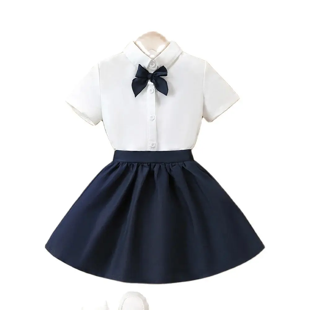 Girl\'s Button Front White Shirt and Navy Skirt One-Piece Dress School Blouse Girls Uniform Clothing