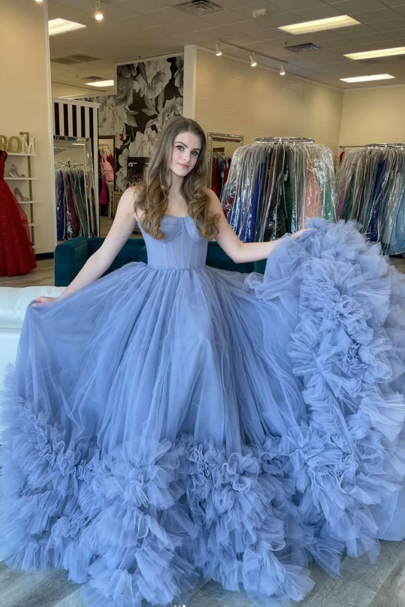 Jessica Blue Prom Dresses Strapless Tulle Evening Dress  Sweet Trailing Princess Formal Occasion Party Dresses Customized