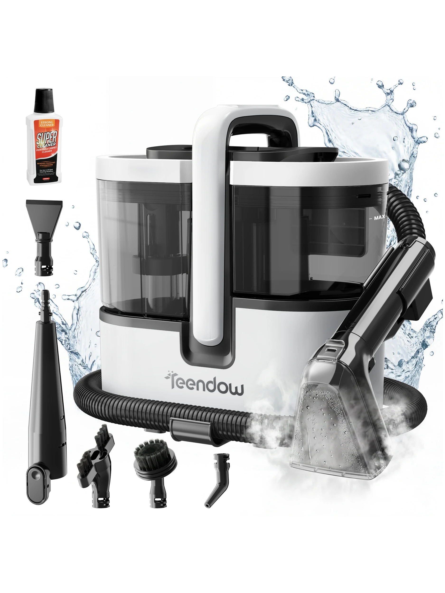 Teendow C7 MAX Teppich- und Dampfsauger – 1800W Motor, 100 ° C Dampf in 30 Sekunden, 20 kPa Saugkraft, 1600 ml/1500 ml Doppel-Wassertank-Design, tötet 99,99 % der Bakterien.