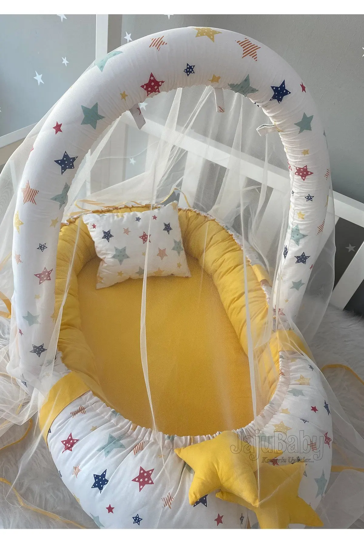 Handmade Yellow Mosquito Net with Mixed Stars and Toy Hanger Luxury Design Babynest