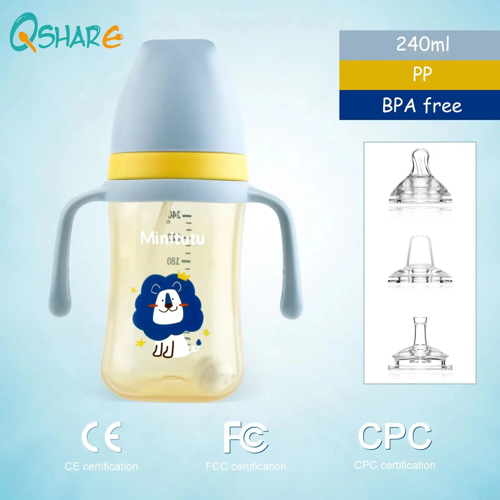 Qshare 240ml Baby Feeding Bottle Traing Drinking Water Cup  from 6 Months with Ergonomic Silicone Nozzle