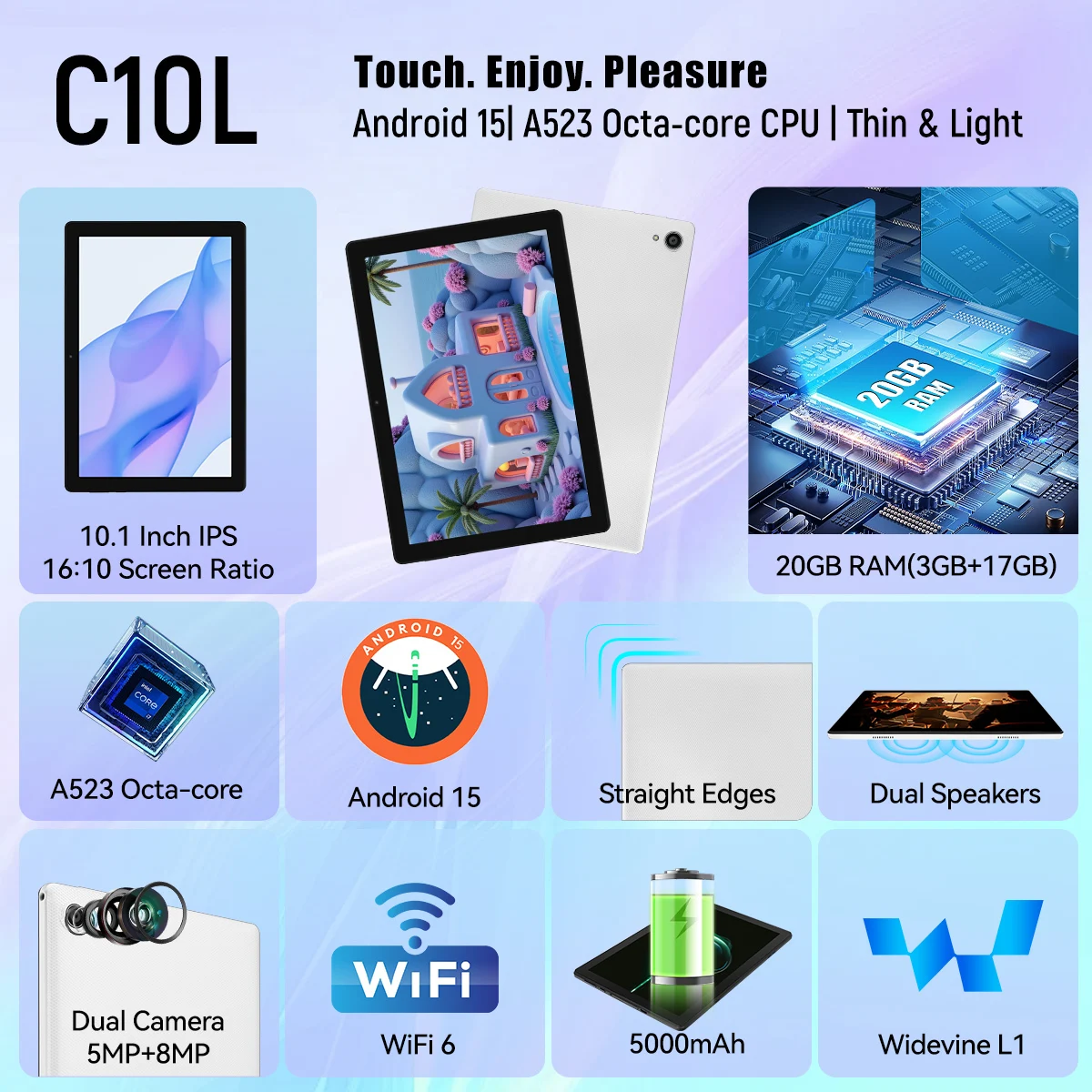 10.1 Inch Android15 Tablet Bundle Set Octa‑Core A523,20GB(3+17GB Virtual)RAM 64GB ROM 1TB Expandable,Widevine L1 IPS 16:10 Display WiFi6 Face ID Unlock 5000mAh Dual Speakers Full Kit with Keyboard Mouse Case Stylus Earbuds for Study Office