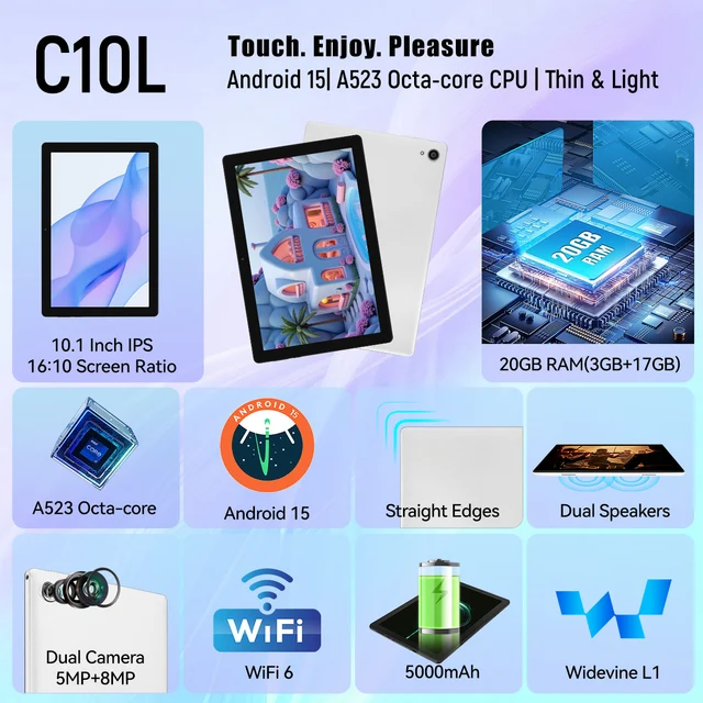 10.1 Inch Android15 Tablet Bundle Set Octa‑Core A523,20GB(3+17GB Virtual)RAM 64GB ROM 1TB Expandable,Widevine L1 IPS 16:10 Display WiFi6 Face ID Unlock 5000mAh Dual Speakers Full Kit with Keyboard Mouse Case Stylus Earbuds for Study Office 2 10.1 Inch Android15 Tablet Bundle Set Octa‑Core A523,20GB(3+17GB Virtual)RAM 64GB ROM 1TB Expandable,Widevine L1 IPS 16:10 Display WiFi6 Face ID Unlock 5000mAh Dual Speakers Full Kit with Keyboard Mouse Case Stylus Earbuds for Study Office 2