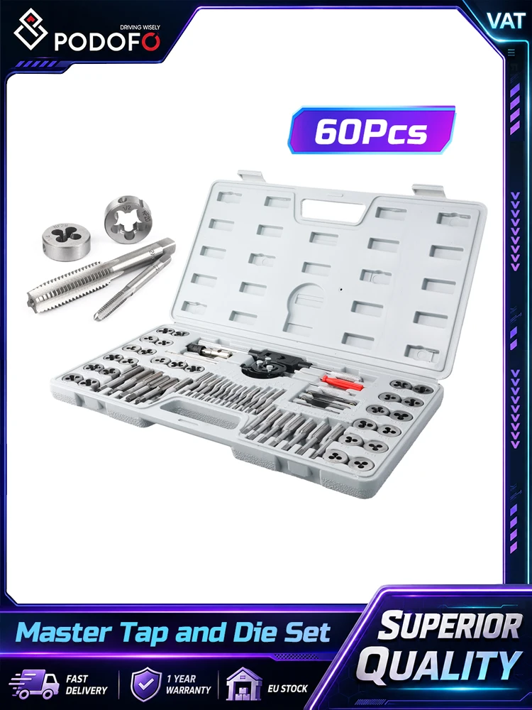 Podofo Master Gewindebohrer- und Schneideisen-Set, 60-teilig, inklusive SAE-Zollgrößen von 4 bis 1/2 Zoll und metrischen Größen von M3 bis M12, Grob- und Feingewinde, essentielles